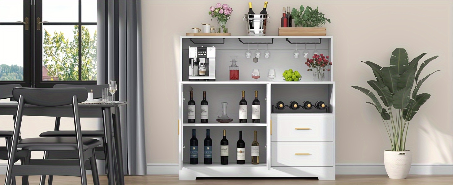 A Wine Storage Cabinet Featuring LED Lighting, Equipped with Racks for Wine And Glasses, Serving As a Kitchen Buffet Sideboard with Additional Storage And Drawers, Designed As a Contemporary Liquor Cabinet And Organizer.