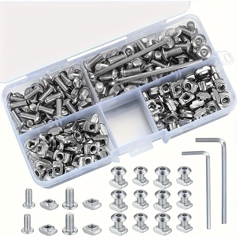 

200-piece Nut & Bolt Set - M4 M5 For 20 Series Aluminum Profiles, Stainless Steel Fastener Nuts, Fully Threaded, Brushed Finish, Din Specification, With M4 M5 Hex Wrenches Included