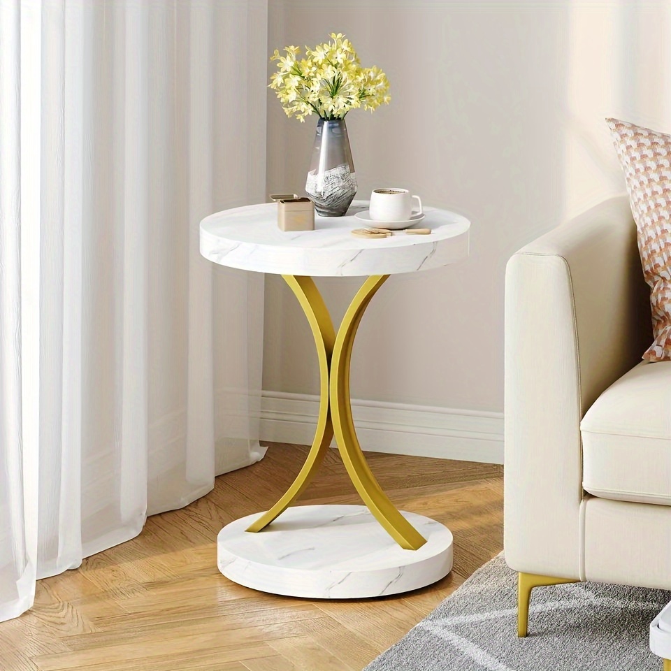 

Dwvo Round End Tables, Modern Gold Round Side Table With Faux Marble Top And Gold Metal Frame, Small End Table Accent Table Nightstand For Living Room Bedroom, Faux Marble White