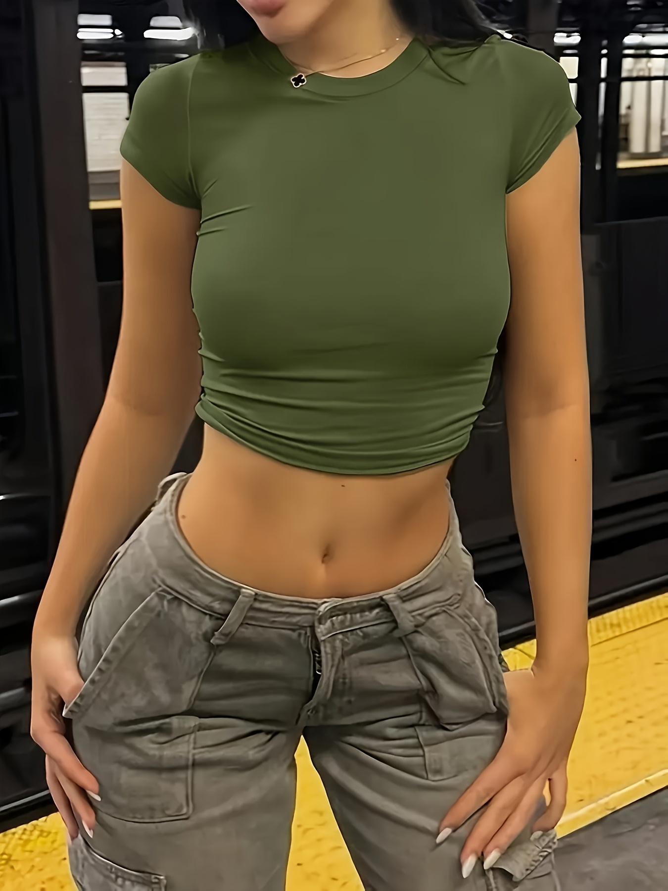 Solid Color Skinny Crop Top, Stylish Short Sleeve Crew Neck Top For Spring & Summer, Women's Clothing