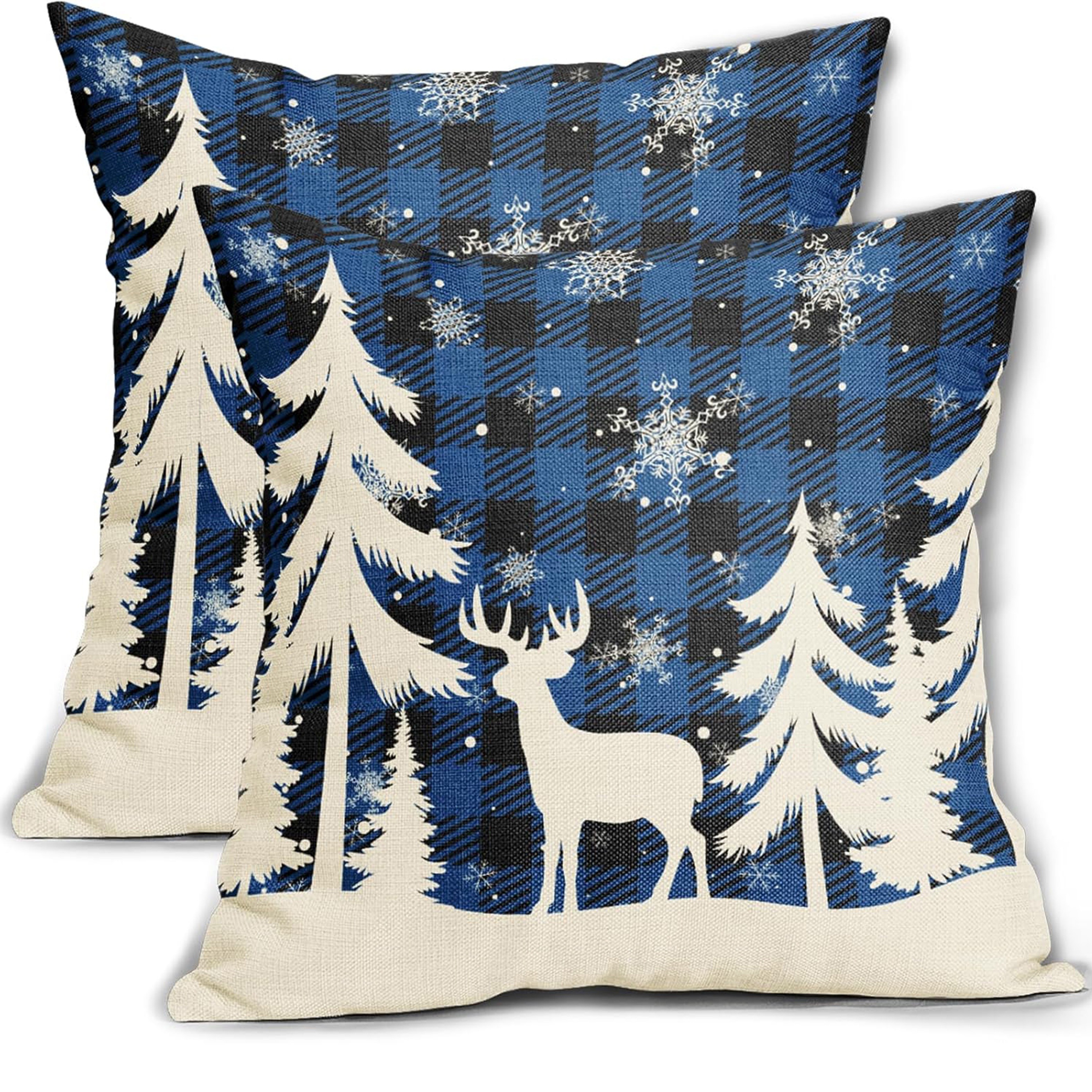 

2pcs Linen Christmas Throw Pillow Covers - Festive Tree, Deer & Snowflake Design | Blue Winter Decor For Sofa & Bed | Machine Washable With Zip Closure