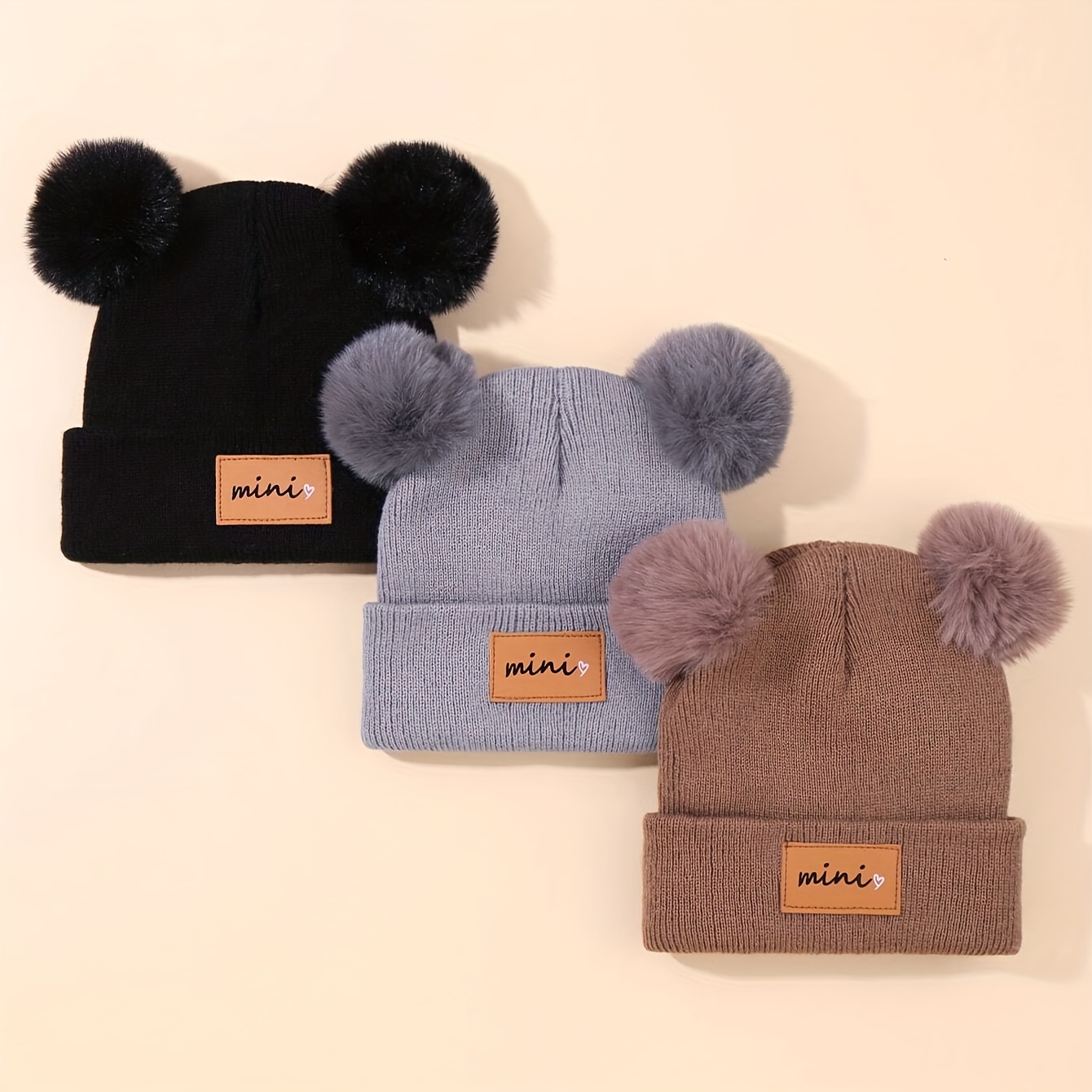 

3pcs Cute & Cozy Knit Beanie Hats With Double Pom-poms - Breathable, Accessories For