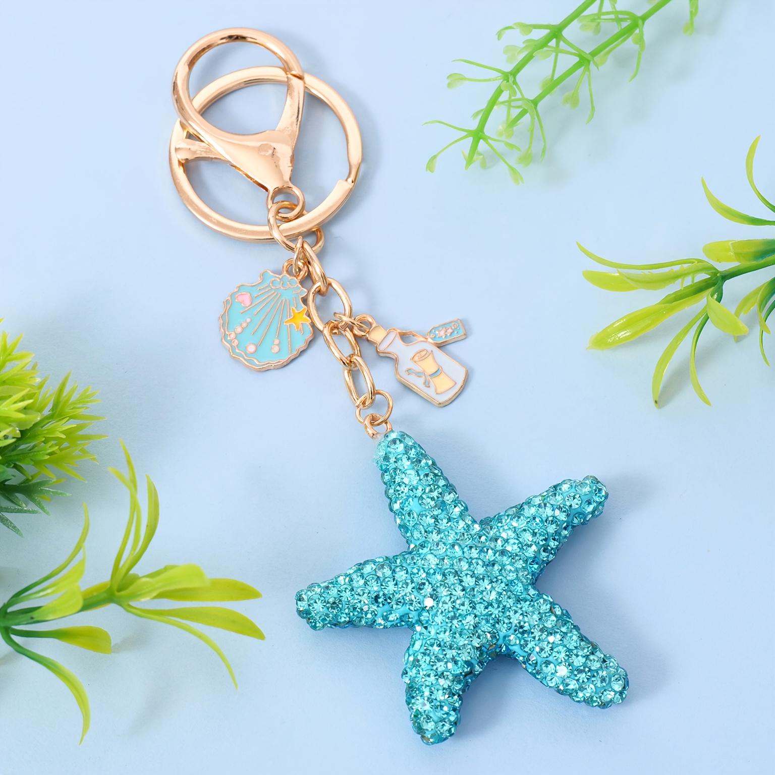 TEMU 1pc Blue Rhinestone Starfish Keychain, With Scallop & Drifting Bottle Alloy Trinkets, Shiny Keyring For Women, Ocean-themed Purse Charm, Cute