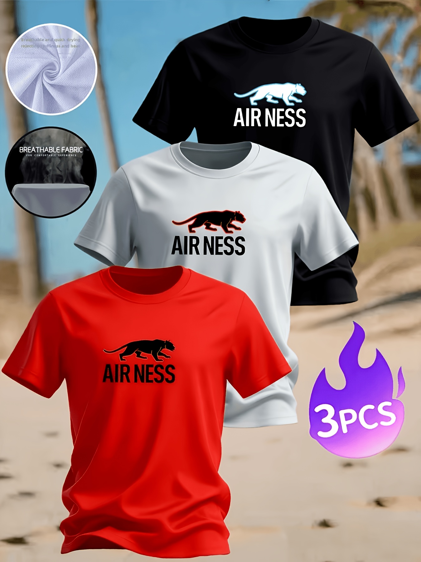Lot de 3 T-shirts pour Homme Respirants à Imprimé Léopard Créatif, Style Basique Facile d'Entretien, T-shirt Confortable en à Col Rond pour Printemps/Été, Imprimé Graphique Léopard à la Mode et Tendance | Tenue Décontractée Confortable
