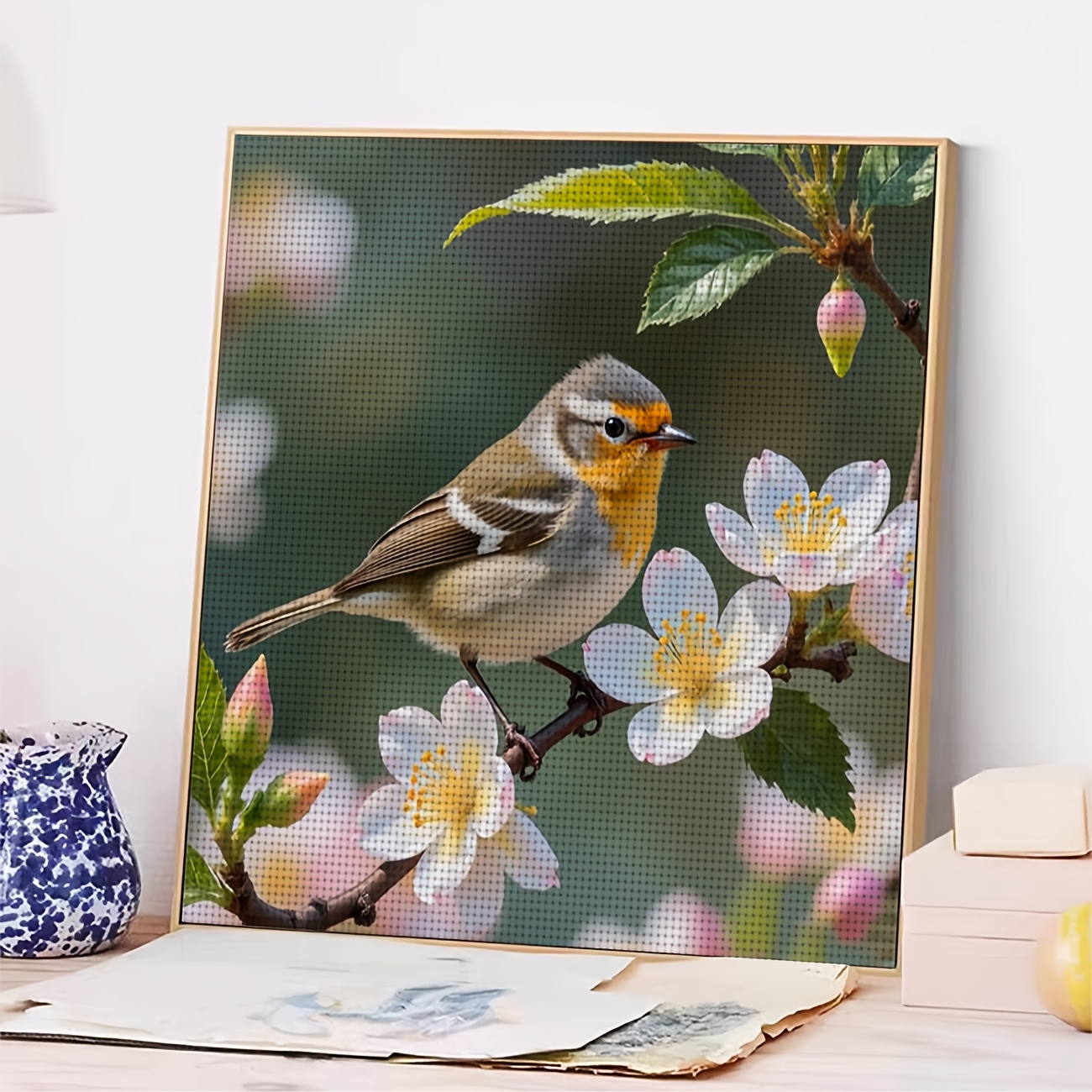 DIY Cross Stitch Print Kit, Bird Perched on Flower Branch