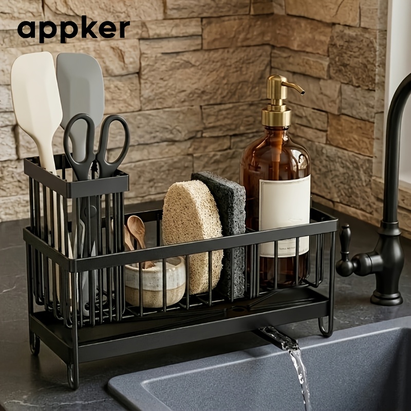 TEMU Appker High- Sink Tray, Integrated Sponge Holder, Multifunctional Countertop Organizer; Suitable For Dishcloths, Dish Soap, And Brushes; Space-