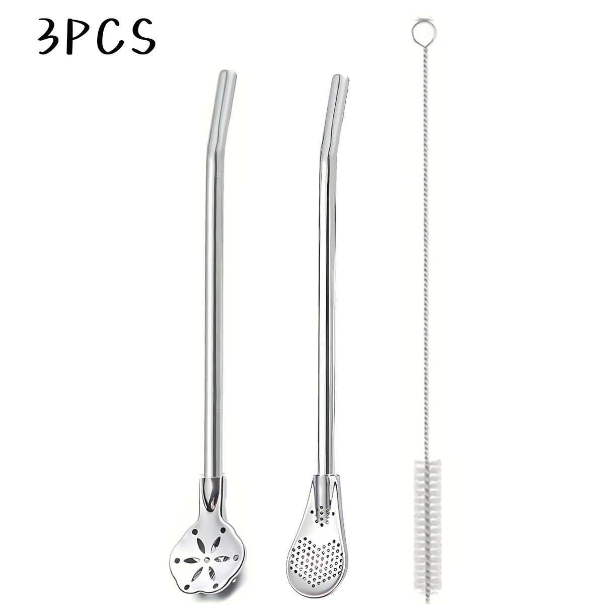 E-shop 3/6 Stück Edelstahl-Strohhalm-Löffel mit Strohbürste, langer Metallgriff-Strohlöffel mit Filterstrohhalme, tragbarer blumenförmiger Trink- und