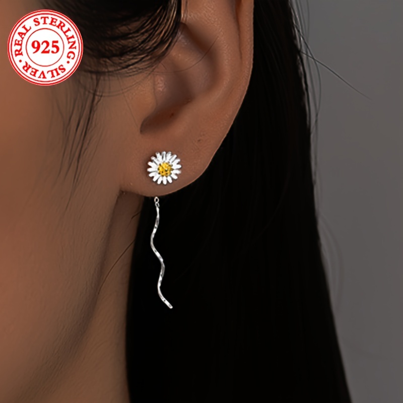 

1 Pair Elegant 925 Sterling Silver Daisy Drop Earrings, Fashionable Wave Design, Ladies Long Tassel Ear Line, Vacation Style Jewelry