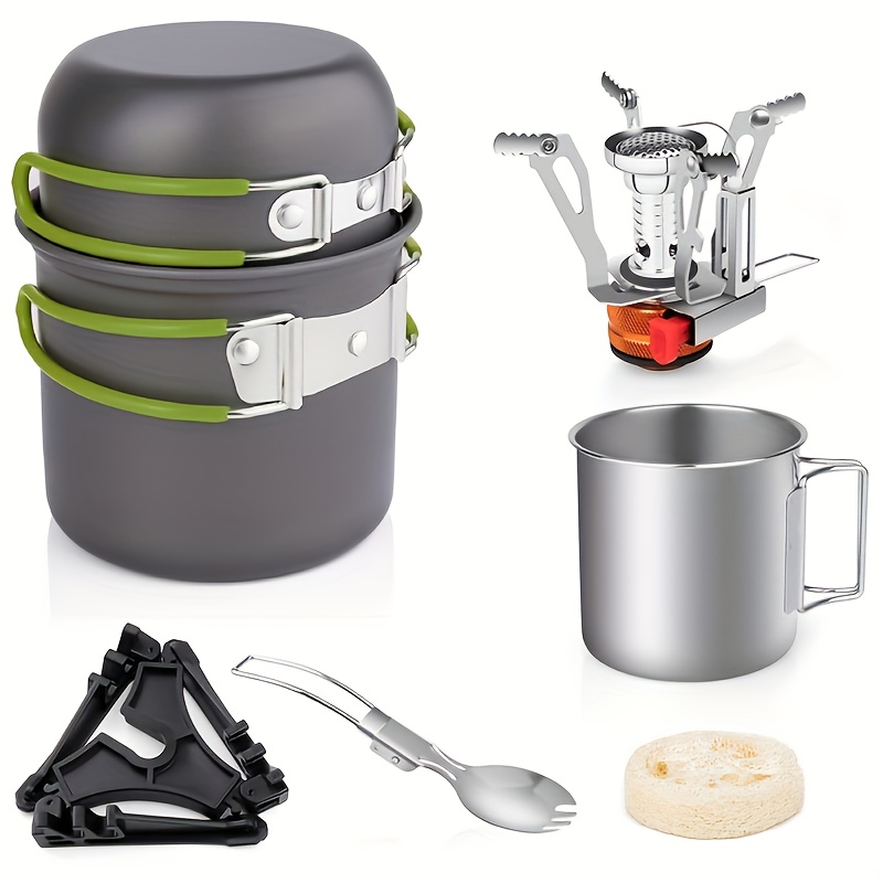 

8pcs Camping Cookware Set With Mini Backpack Stove - Includes Aluminum Alloy Pots & Pans, Stainless Steel Cup, Forks, And Water Tank Stand For Outdoor Hiking, Picnics, And Cooking