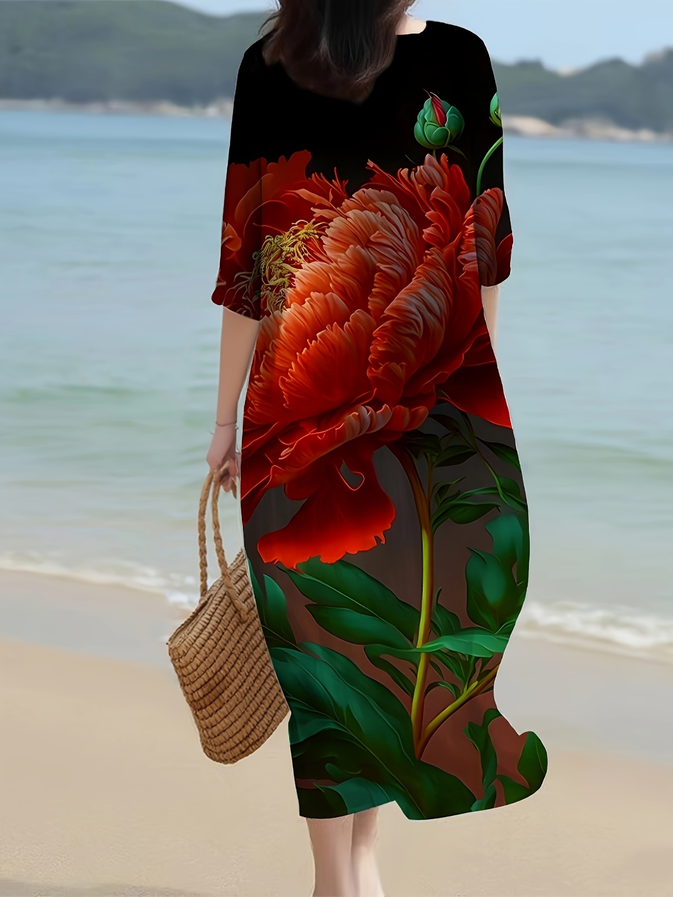 Plus Size Plus Size Women'S Casual Floral Printed Long Dress Vibrant  Red Rose Floral Print Long Sleeve Fitted Beach Dress Vacations, Outdoor, 