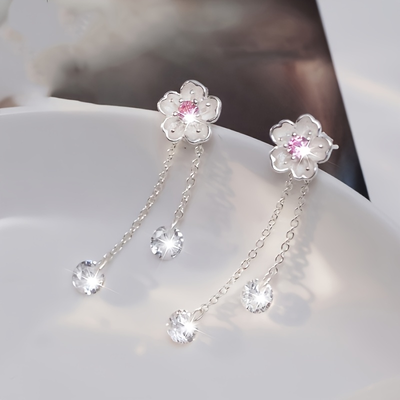 Image of A Pair Of Cherry Flower Earrings For Ladies. Inlaid With Sparkling Synthetic Zircons. Gift For Family During Holidays. Suitable For Parties, Daily Commuting, Summer, And Vacation Wear.