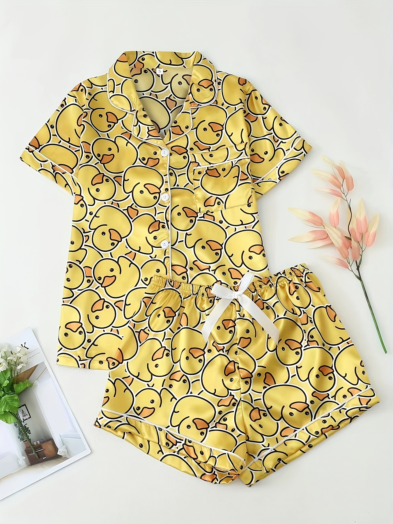 Pyjama Femme Deux Pièces Imprimé Canards - Manches Courtes, Col Rond, Confort été