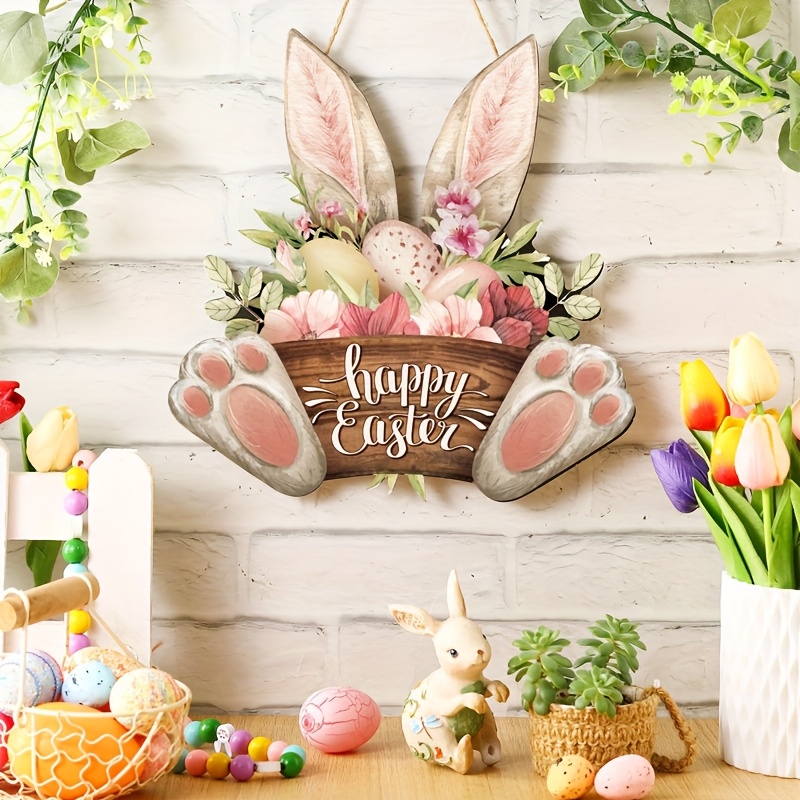 

Rustic Wooden Easter Bunny Sign, Contemporary Spring Floral Rabbit & Egg Design, Farmhouse Welcome Door Hanger, Manufactured Wood, No Electricity Needed, Home Decor For Easter & Spring Celebrations