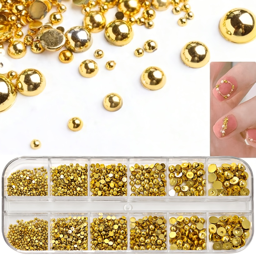 TEMU Kit de 12 compartiments de clous à ongles demi-ronds dorés, perles métalliques à dos plat de tailles mélangées, breloques à doré brillant pour