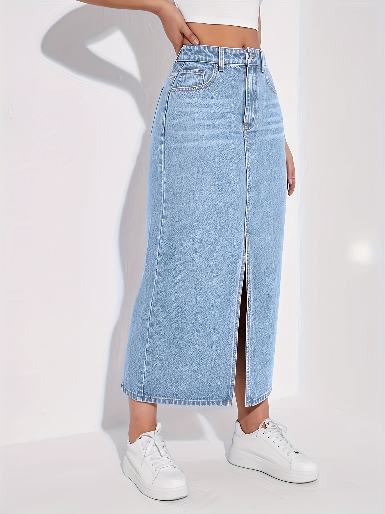 2025 new womens imitation denim skirt front slit - Temu Oman