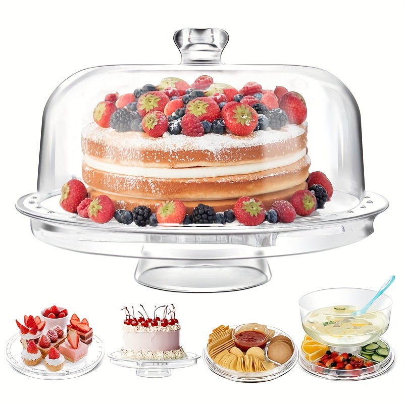 TEMU Acrylic Extra Large (12") 6in 1 Cake Stand With Dome Lid, Lightweight Multifunctional Serving Platter & Cake Plate, Works As Salad Bowl, Veggie