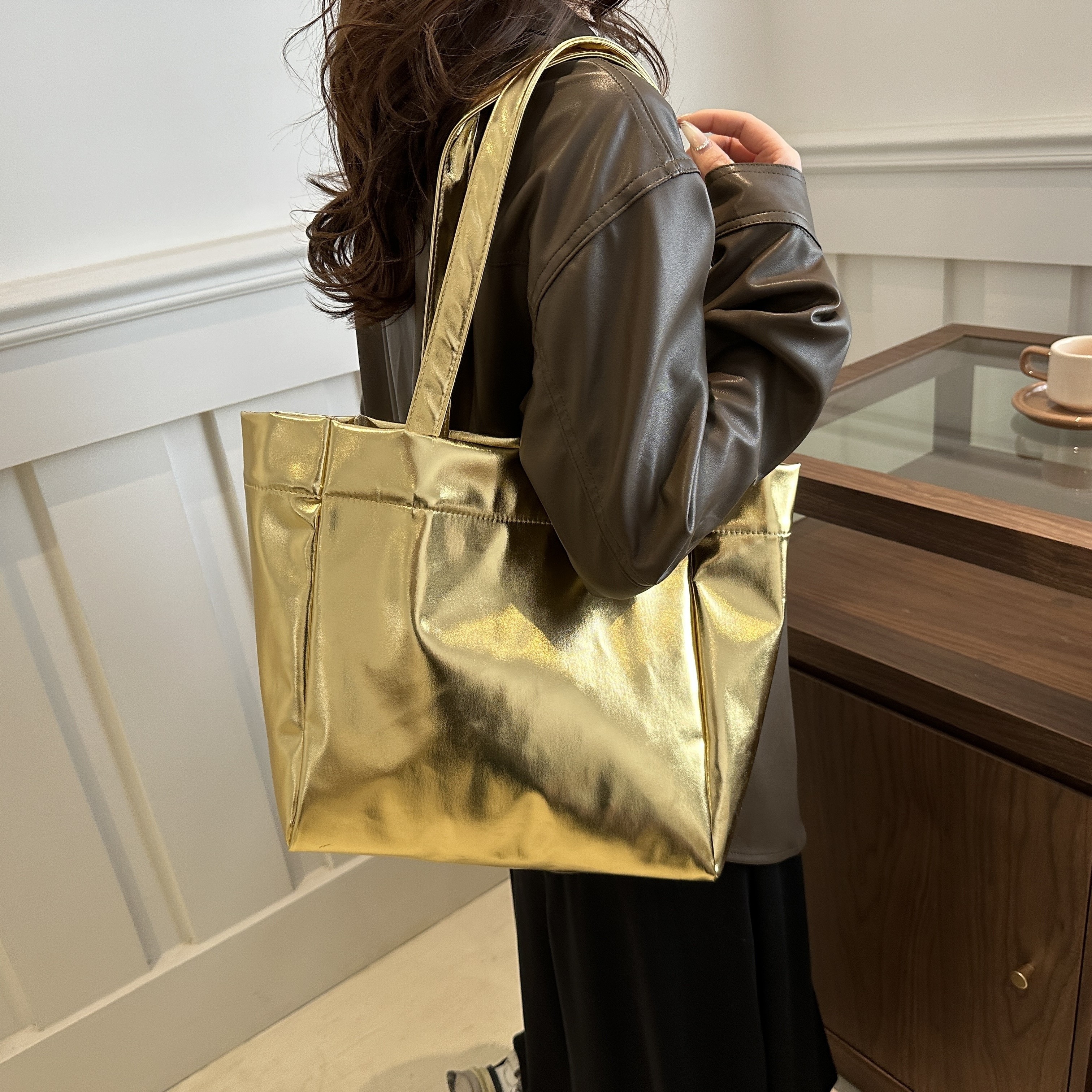 

Large Capacity Solid Color Handbag, Fashionable Shopping Bag For School, Work, Commuter Shoulder Tote Bag For Women