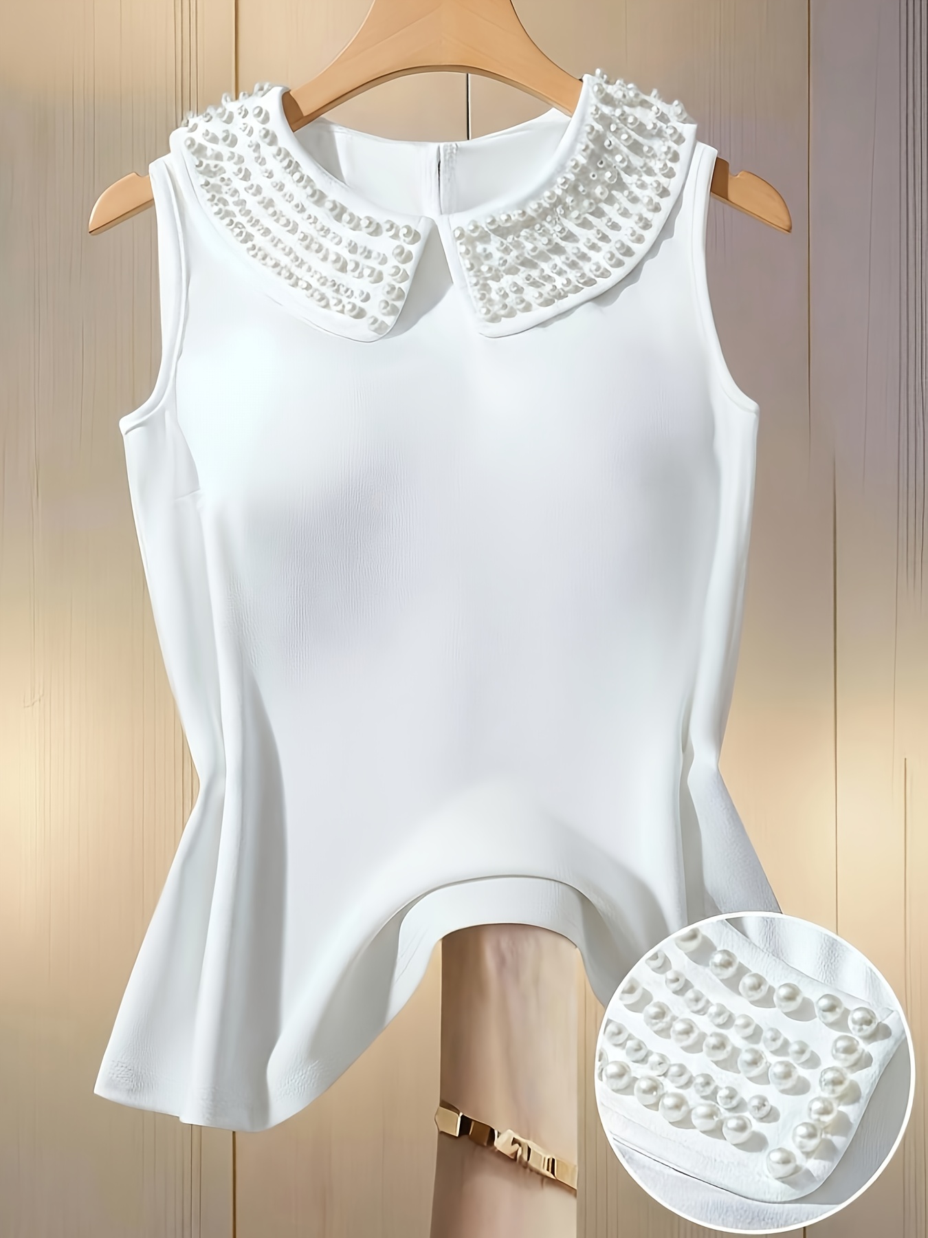 pearl doll neck white sleeveless   fit tank top an elegant and niche designer top details 0