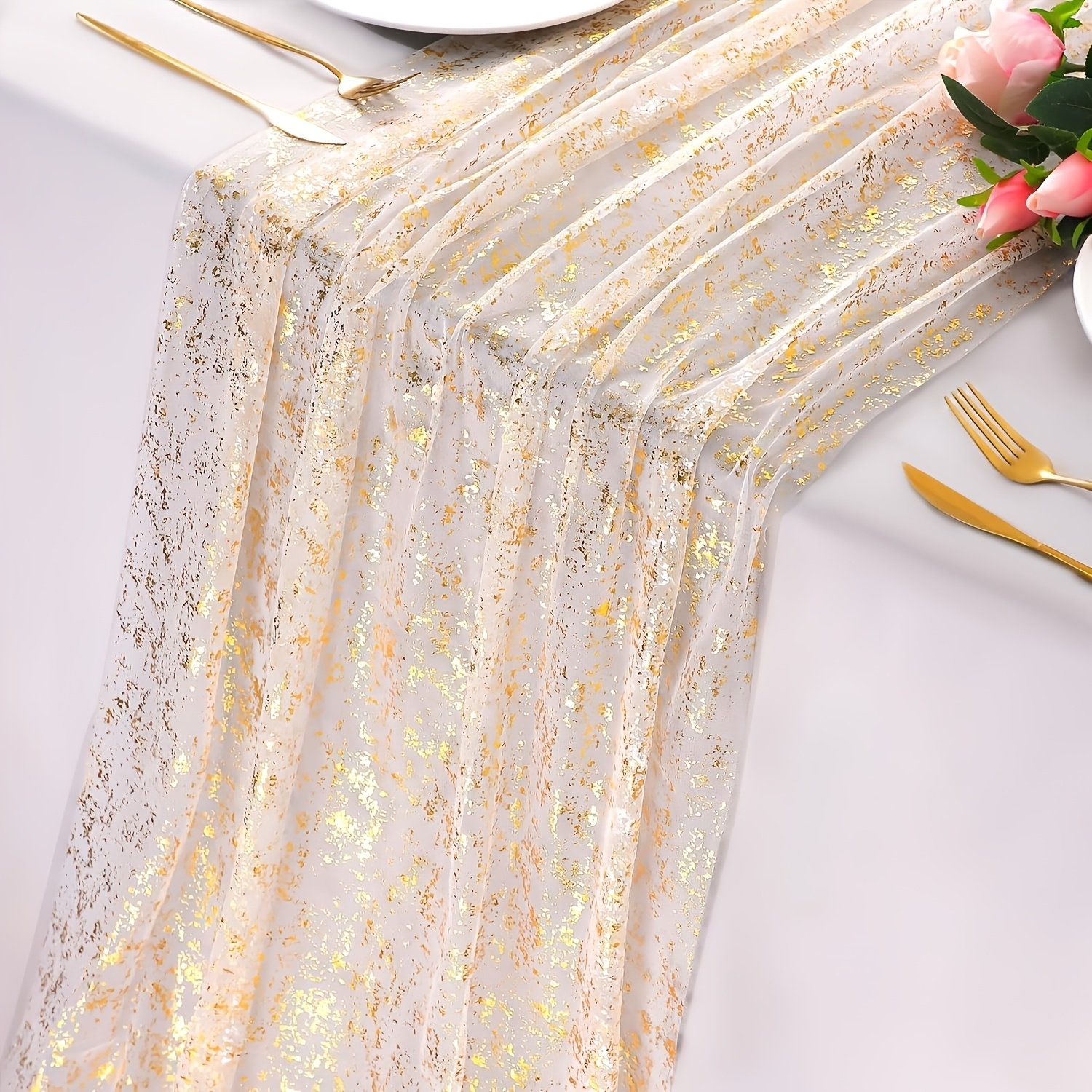 TEMU 2pcs 70cm Wide And 3meter Long Elegant Runner Sheer Chiffon Tulle Golden Sequin Glitter Metallic Foil Decor Romantic Boho Tablecloth Perfect