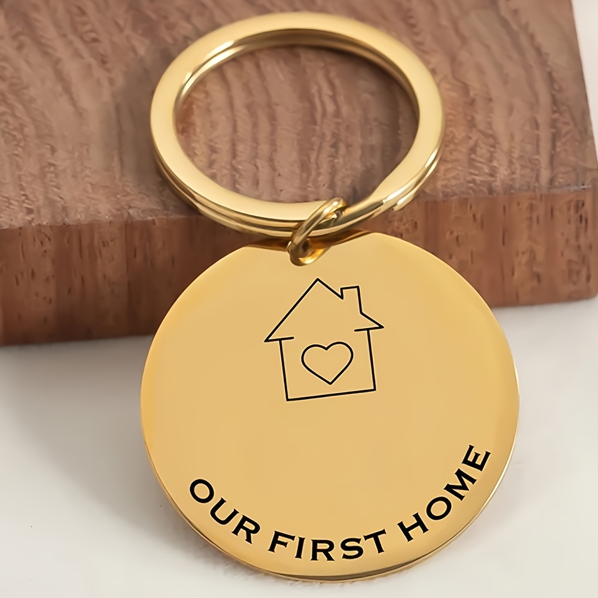 TEMU Personalized "" Keychain – Custom Housewarming Gift For Couples, Stainless Steel Circular Key Ring With Engraved Name & Date, Elegant Design For