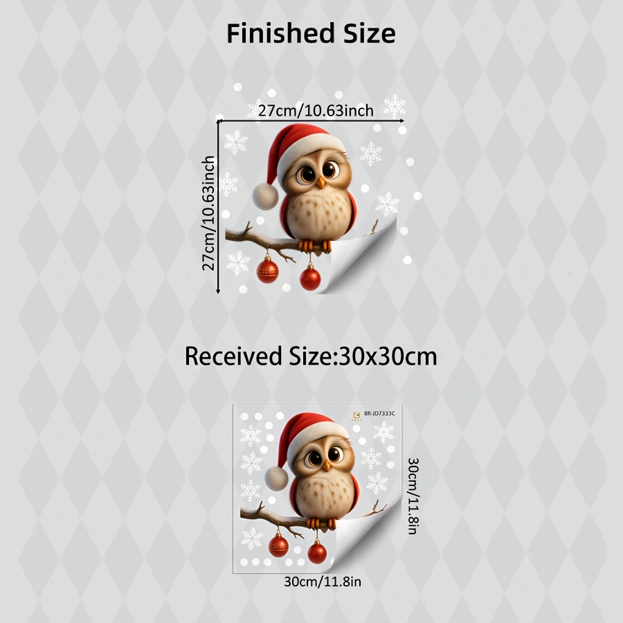 TEMU 1pc Cute Christmas Owl Static Cling Window Sticker, Glass Sticker, Double-sided Reusable Decal, Santa Hat Snowflake Bauble Pattern, Festive Xmas