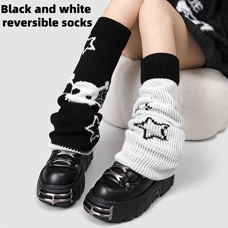 TEMU 1 Paire de Chaussettes à Volants Double Face Portables pour Femmes. Chaussettes à Volants Noir Étoile, Chaussettes Trumpet Jambe Large