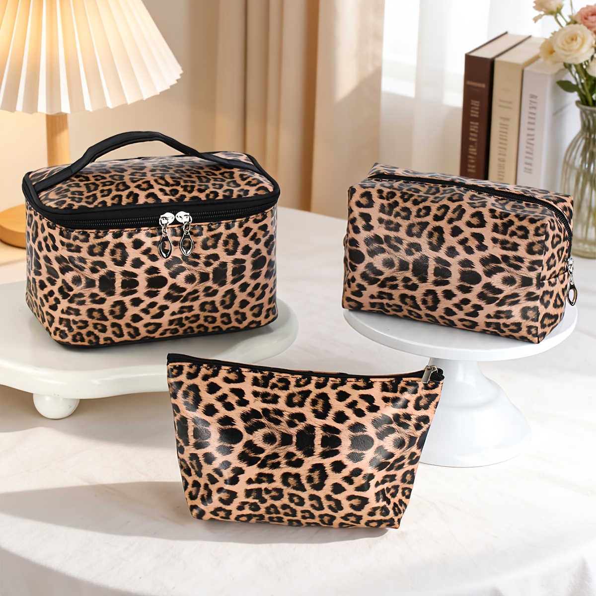 TEMU Set di 3 pezzi per trucco completo con stampa leopardata retr簷, set assortito irregolare da piccolo a grande, PU lucido antigraffio, organizer