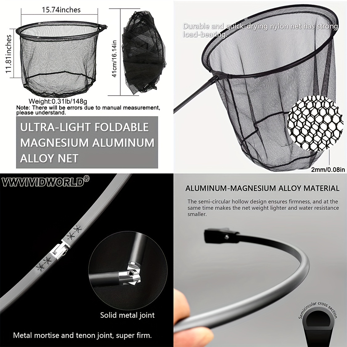 Carbon Fiber Fishing Hand Net with Telescopic Pole, 1.8-3.45m Portable Outdoor Fishing Tackle, Aluminum Alloy Landing Net for Anglers, Black