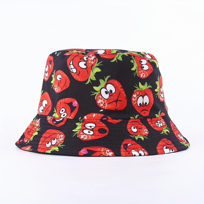 

Reversible Strawberry Print Bucket Hat, Unisex Cotton Twill Casual Sun Hats, Outdoor Spring/summer Headwear