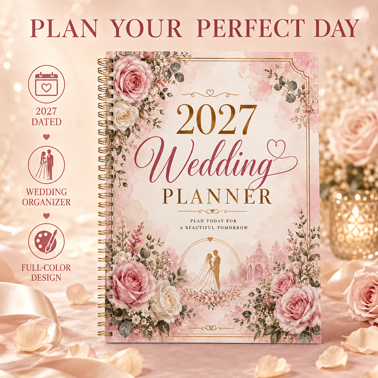 TEMU Organisateur de mariage 2027, agenda de mariée daté 12 mois avec du compte à rebours, suivi du budget et des économies, liste des invités, RSVP,