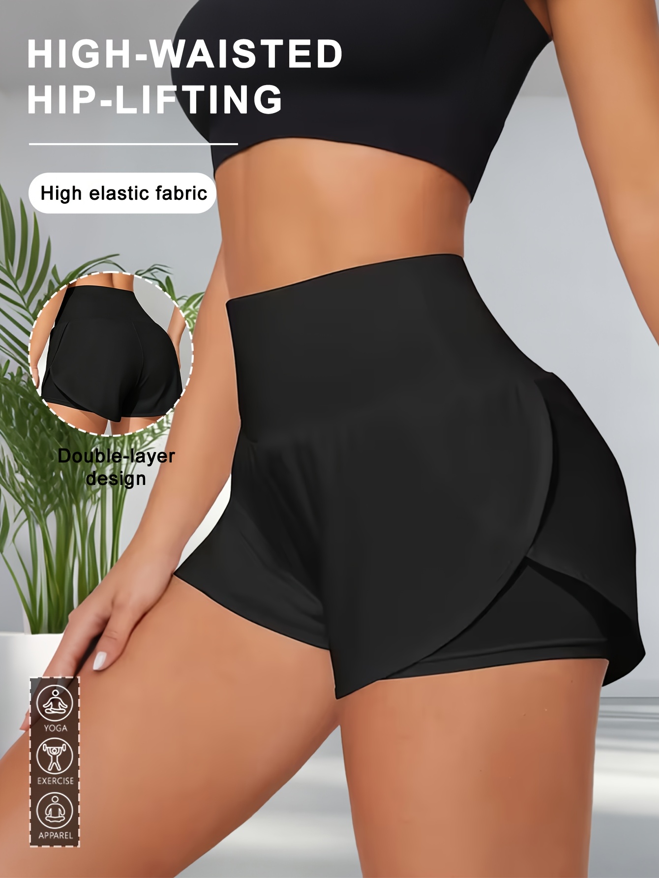 Women'S Black High-Waist 2-In-1 Athletic Shorts, Fashionable Layered Design, Elastic Breathable Fabric, with Pockets, Id