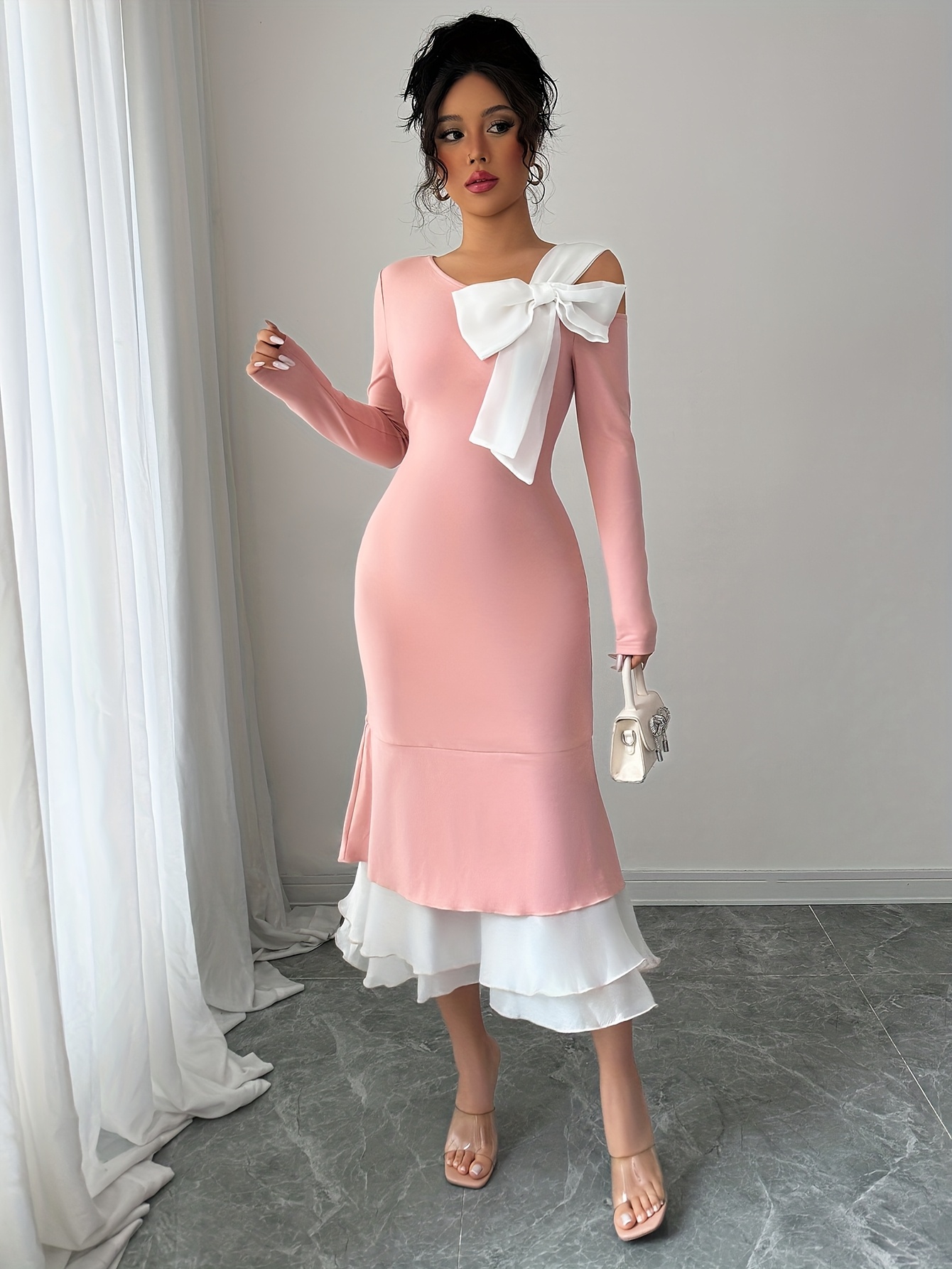 elegant one shoulder knit dress bow detail contrast mesh hem - Temu Hungary