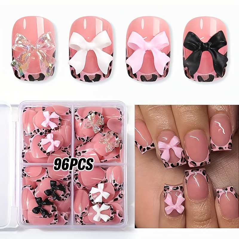 Image of A Set Of 96 Short Nails Featuring Leopard Print Bows In 4 Different Styles, With 4 Of Bow Decorations. Nails Are Designed To Be Detachable And Reusable