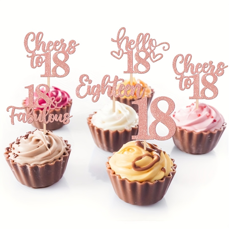 10pcs Happy 18th Birthday Cupcake Toppers | Glitter Eighteen Hello 18 Cheers To 18 Fabulous Cupcake Picks For Happy 18th Birthday Anniversary Party Cake Decorations Supplies Rose Golden