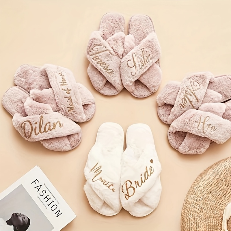 

1 Pair Slippers, Personalized Bride And Bridesmaid Slippers, Fabric Upper With , Hand Washable Or Professional , Ideal For Christmas Party