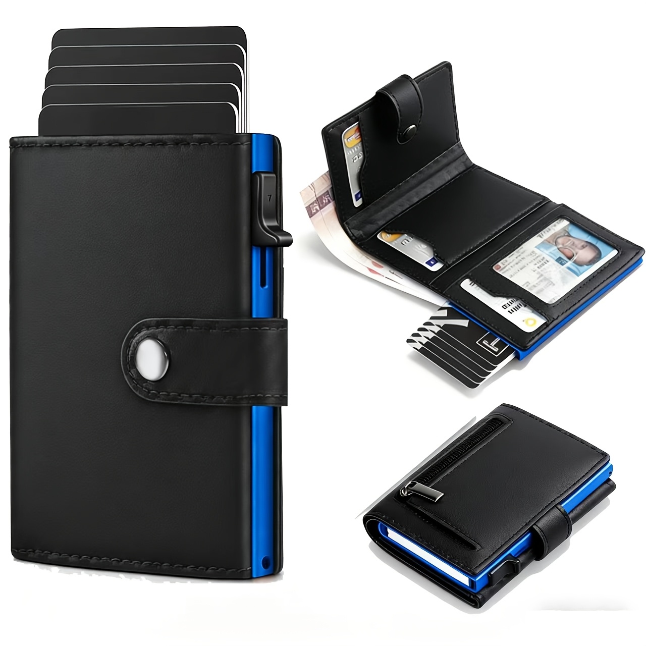 TEMU Men's Wallet Card Holder: Pop-up Aluminum Case, Leather, Smart Design, Rfid Anti-interference, Slim, Minimalist Style, Front Pocket - Holds 9-12