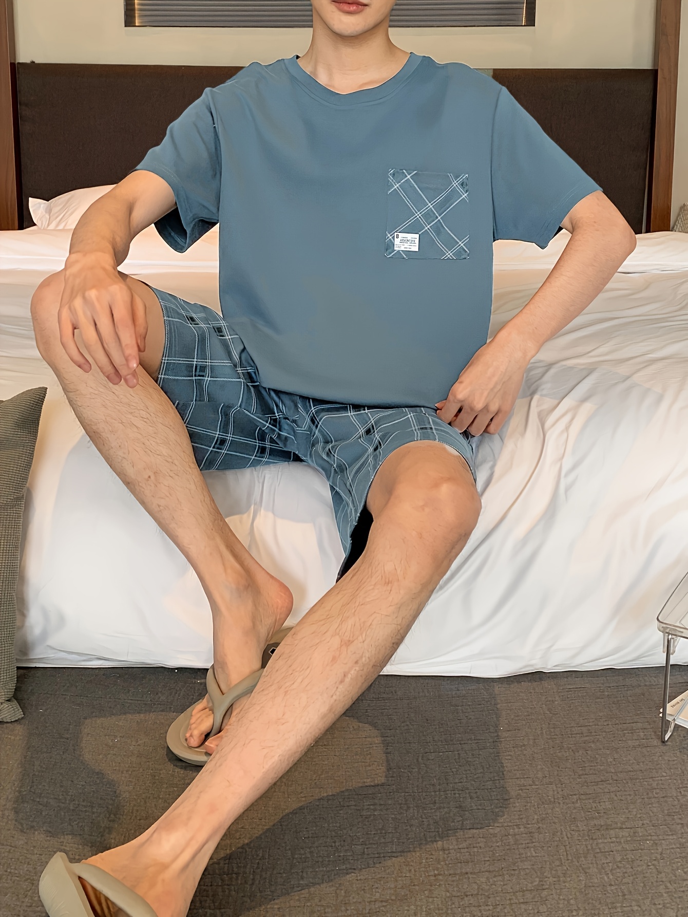 Men's Cotton Casual 2 Piece Pajama Set, Thin Short Sleeve Lounge Wear & Shorts, Fashionable Comfy Home Wear Set