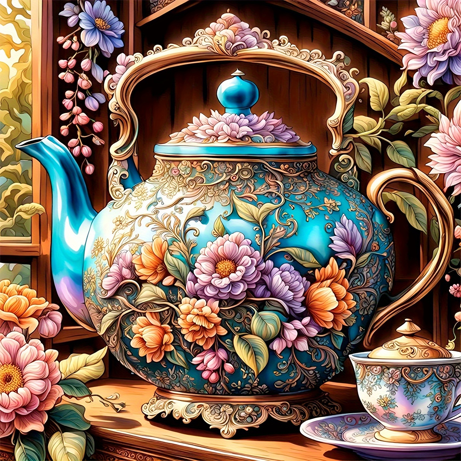

Round Diamond Painting Kit - Floral Teapot Theme - 40x40cm Acrylic Diy Embroidery Home Decor