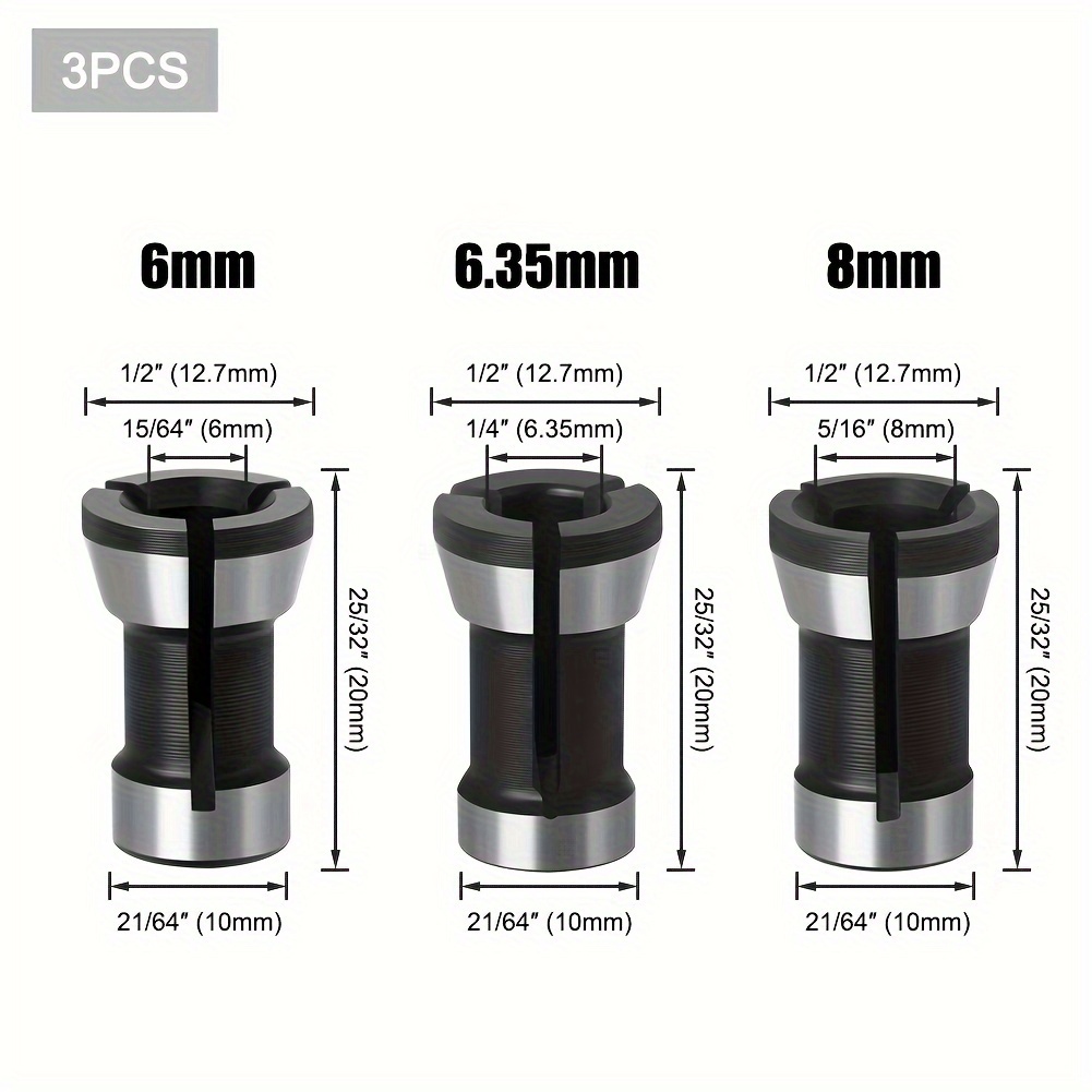 3pcs 6+6.35+8mm Woodworking Machine Accessory Set, Router Extensions With Collet, Suitable For Trimming Machine, Milling Machines