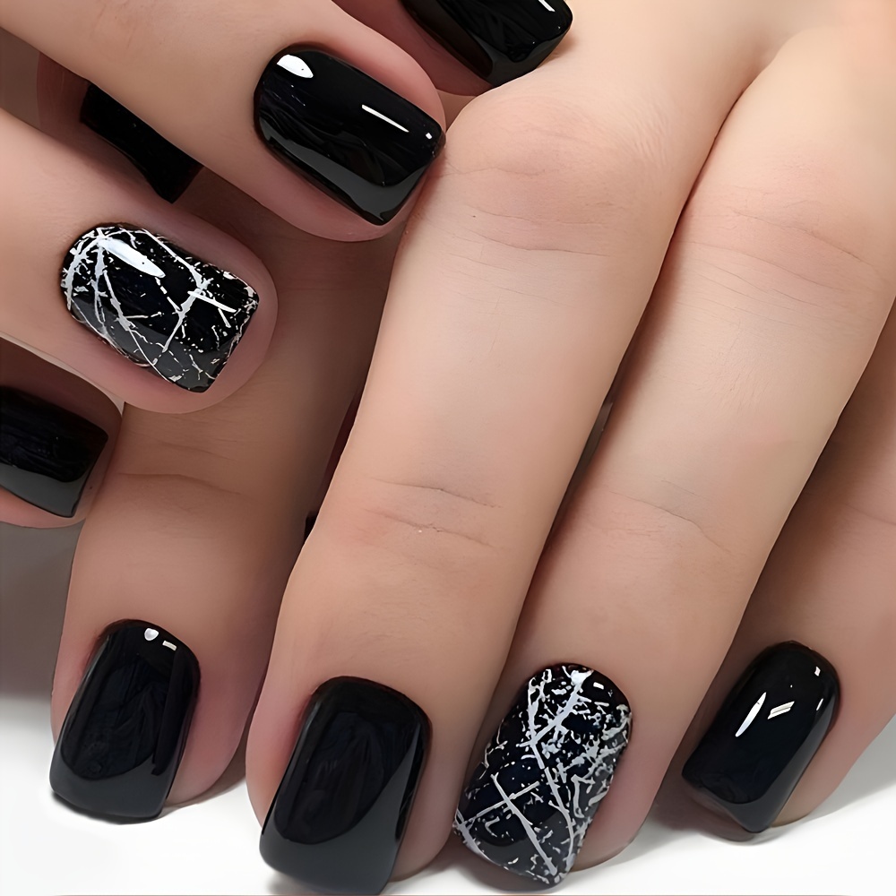 Upgrade Your Style With 24 Short Square Press-on Nails, High-end, Skin-brightening Striped Design, Black Fake Nails, Extended Detachable Nails, With Jelly Glue 1 Nail File 1