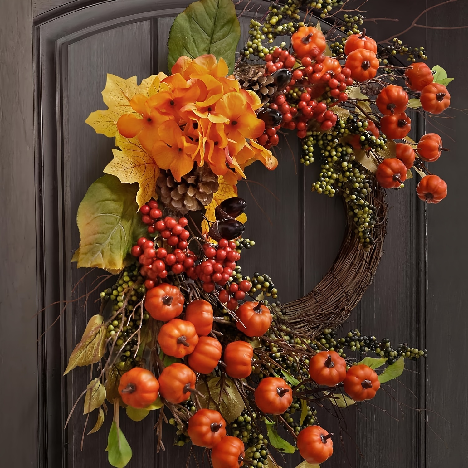 

1pc, Fall Decor - Fall Wreaths For Front Door, 20 Inch Mini Pumpkins Berries Wreath - Decorations For Autumn Thanksgiving Harvest Farmhouse Home Outdoor Indoor Window Wall