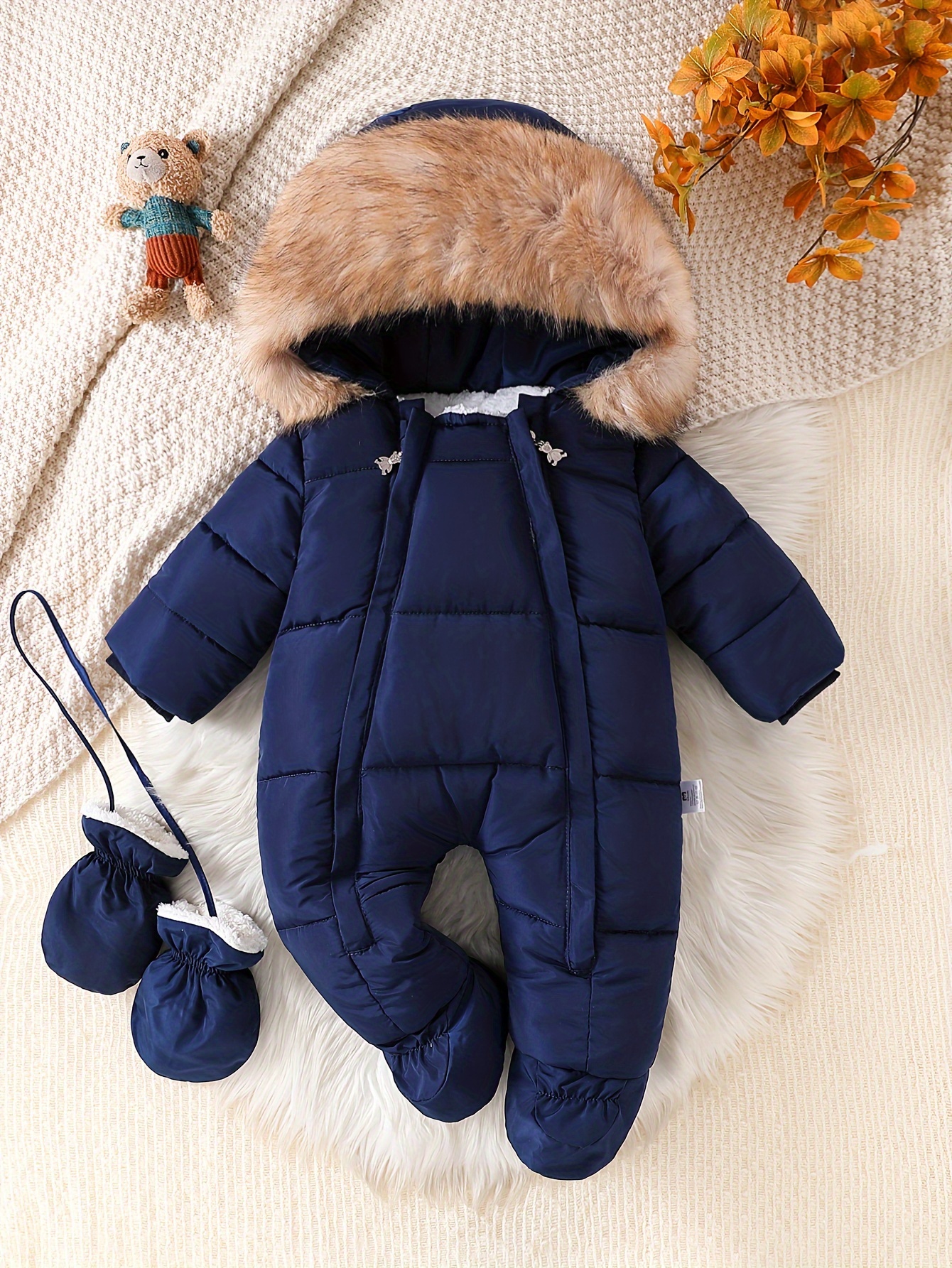 cozy fleece lined baby hooded jumpsuit navy blue warm winter - Main Image