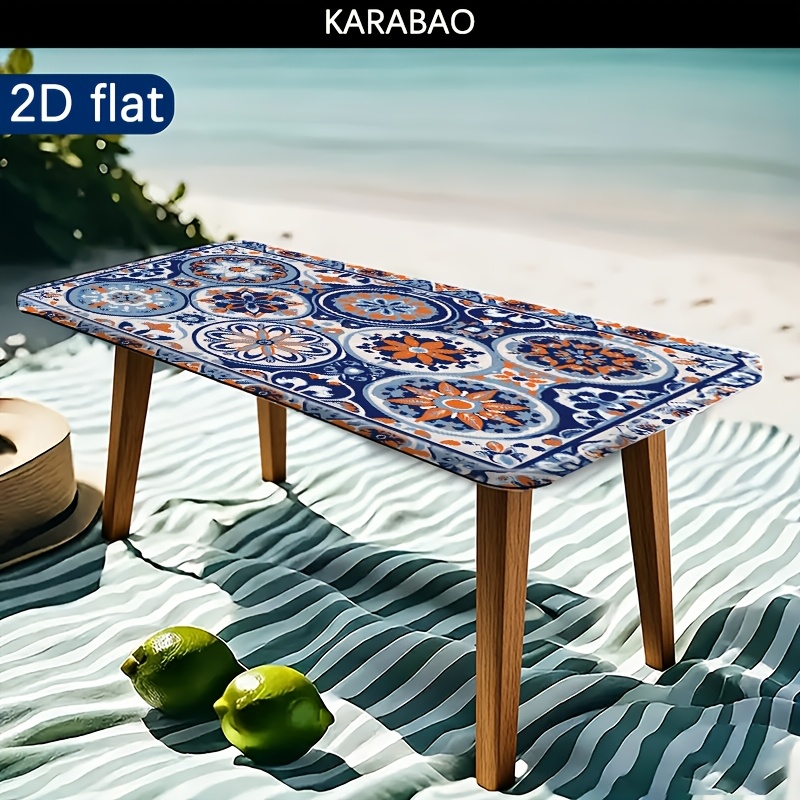 TEMU 1pc Elastic Outdoor Tablecloth With Vibrant Floral Pattern - Durable Polyester Rectangular Table Cover For Camping, Picnics, Garden Parties -