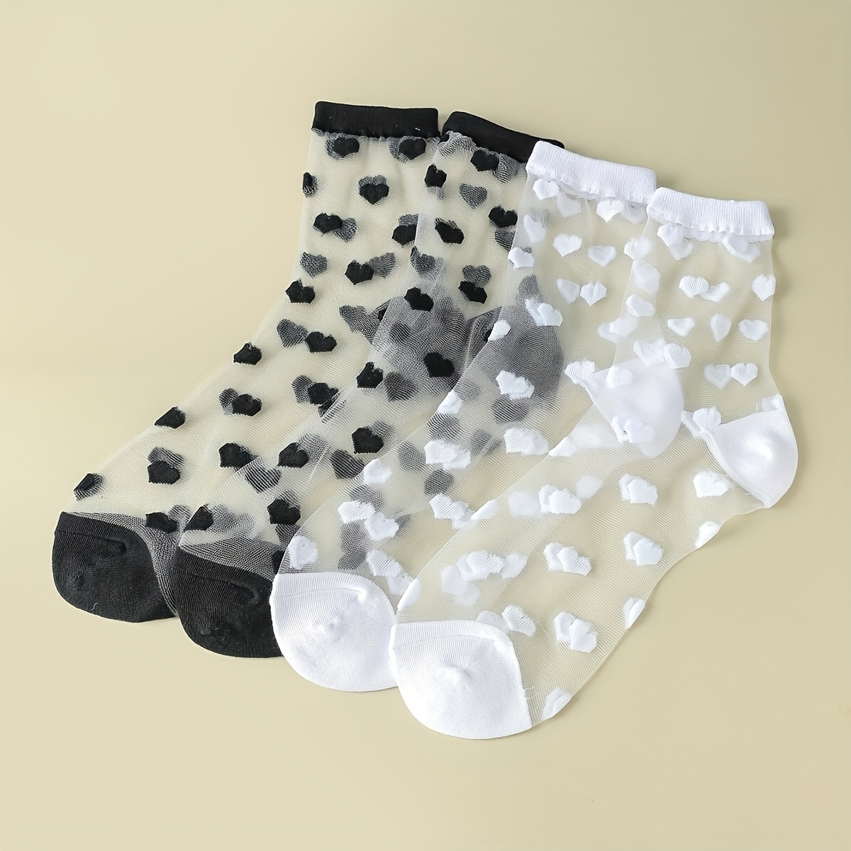 

2 Paires de Chaussettes en Transparente pour Femmes - Cœur, Rayures & , Design à Volants Mi-Tube, Légères & Respirantes pour /Été, , Chaussettes Mignonnes