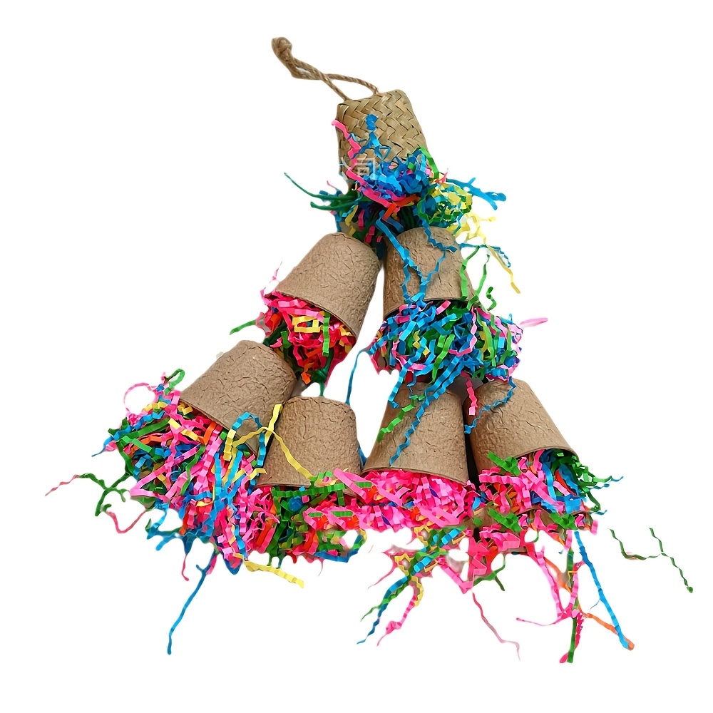 TEMU 1pc Parrot Chewing Toy, Colorful Shredded Paper Bird Toy With Palm Weave, Durable Paper Material, Foraging And Tug Of War Play, Random Style