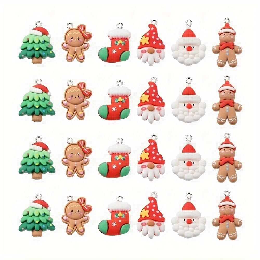 

24pcs Christmas Charm Set - Opaque Resin Pendants With White & Loops, Featuring Gingerbread For Man, Santa Claus & - Assorted Shapes And Colors