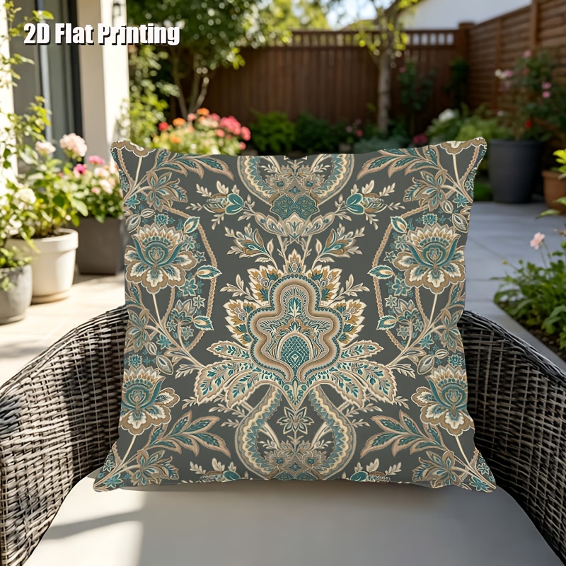 2D Flat, Terrace Cushion Cover, 1pc 18X18 Inches Square Pillow Cover, A Dark Gray Background Features an Intricate, Symmetrical Pattern with Teal, Cream, And Golden Floral Motifs, Including Large Central Blooms, Leaves, And Scrollwork