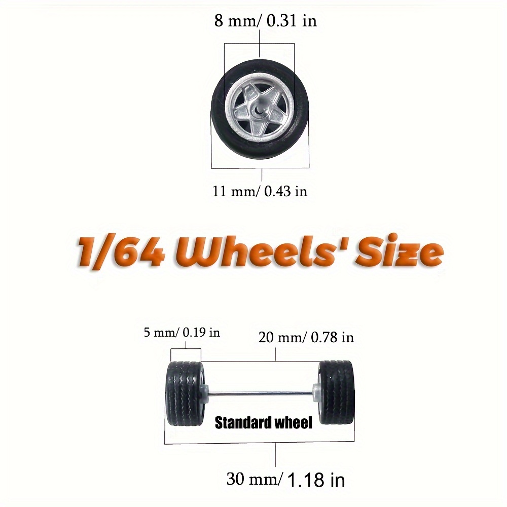 1/64 schaal statisch model auto gemodificeerde wielnaaf, 5 sets/pak, twee snarenwielen, geschikt voor een kleine auto. Productie van wielnaafinjectie, rubberen band, soepel draaiend, geschikt voor speelverzameling, spelers met bepaalde hands-on mogelijkheden aangepast voor verzameling. 2