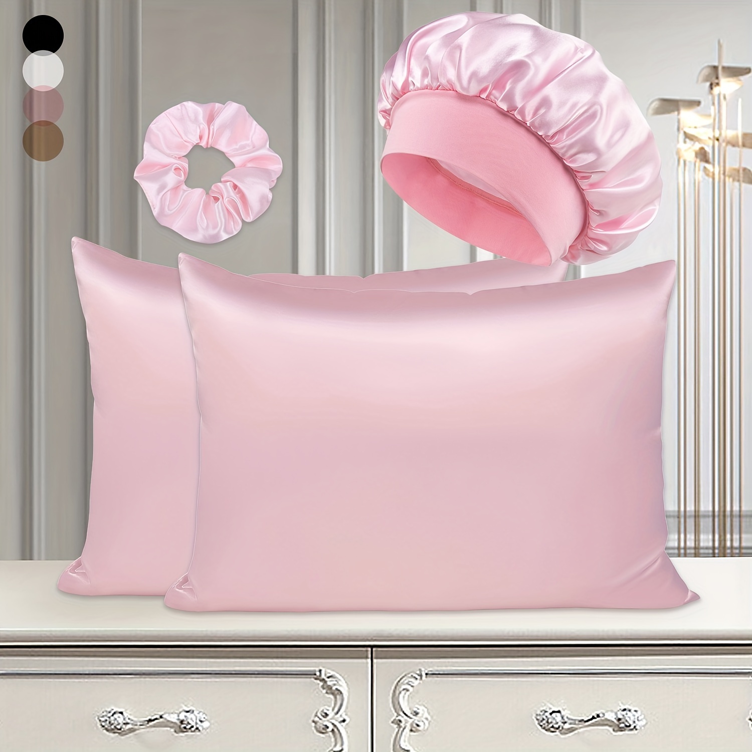 

4pcs Luxury Silk-like Sleep Set: Soft Pillowcases, Breathable Nightcap & Hair Ties - Perfect For Skin & Hair Care