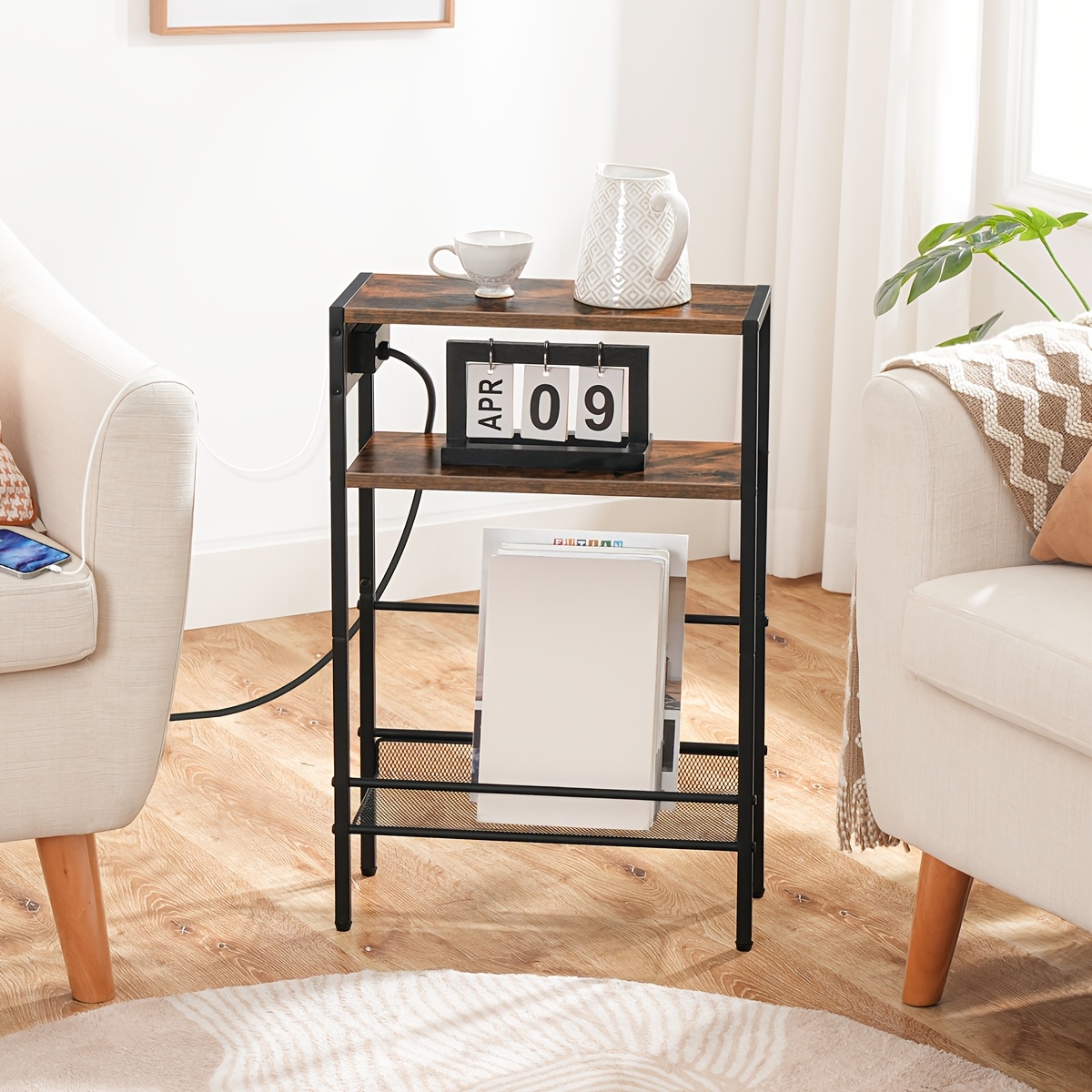 TEMU Rustic Brown And Black, 3-tier End Table With Usb Ports And Power Outlet, Slim Side Table With Charging Station, Narrow Bedside Table For Small